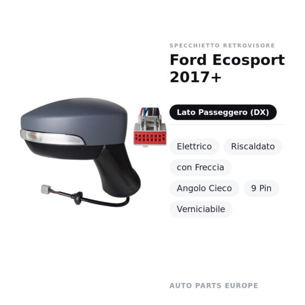 Specchietto Retrovisore Destro Ford Ecosport 2017+ – Elettrico, Riscaldato, con Freccia, Angolo Cieco, 9 Pin, Verniciabile