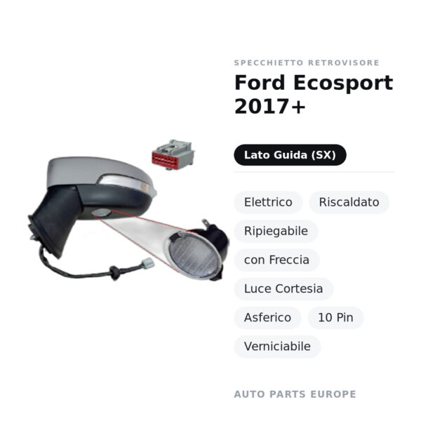 Specchietto Retrovisore Sinistro Ford Ecosport 2017+ – Elettrico, Riscaldato, Ripiegabile, con Freccia, Luce Cortesia