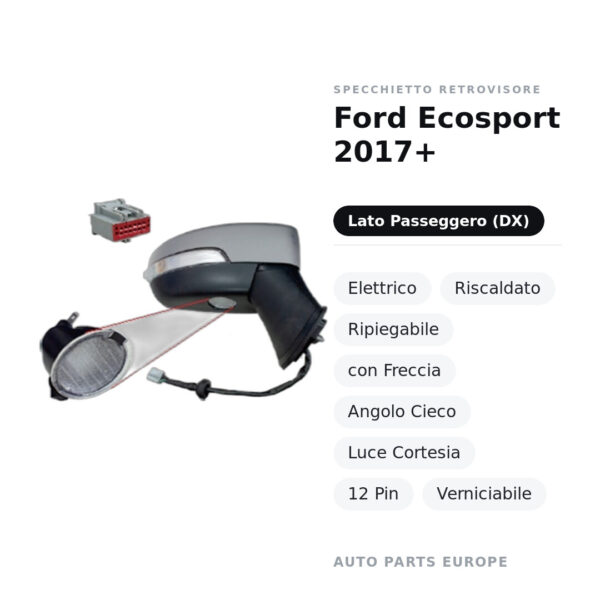 Außenspiegel Rechts Ford Ecosport 2017+ – Elektrisch, Beheizt, Klappbar, mit Blinker, Toter-Winkel-Sensor, Courtesy Light