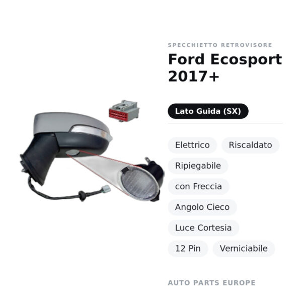 Außenspiegel Links Ford Ecosport 2017+ – Elektrisch, Beheizt, Klappbar, mit Blinker, Totwinkelwarner, Innenleuchte