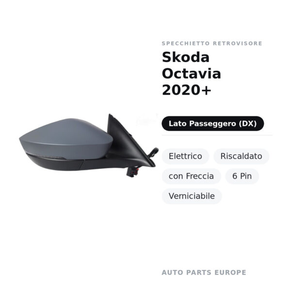 Specchietto Retrovisore Destro Skoda Octavia 2020+ – Elettrico, Riscaldato, con Freccia, 6 Pin, Verniciabile – foto 2