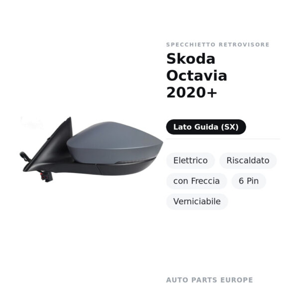 Specchietto Retrovisore Sinistro Skoda Octavia 2020+ – Elettrico, Riscaldato, con Freccia, 6 Pin, Verniciabile – foto 2