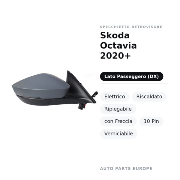 Specchietto Retrovisore Destro Skoda Octavia 2020+ – Elettrico, Riscaldato, Ripiegabile, con Freccia, 10 Pin, Verniciabile