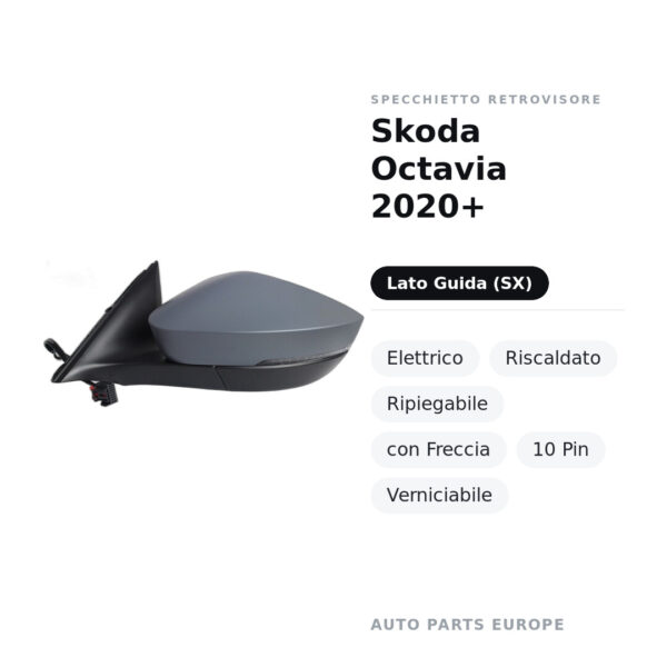 Specchietto Retrovisore Sinistro Skoda Octavia 2020+ – Elettrico, Riscaldato, Ripiegabile, con Freccia, 10 Pin, Verniciabile