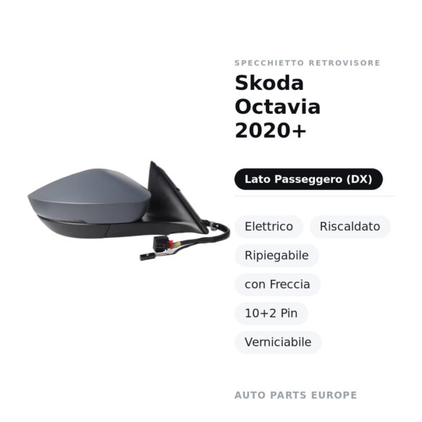 Specchietto Retrovisore Destro Skoda Octavia 2020+ – Elettrico, Riscaldato, Ripiegabile, con Freccia, 10+2 Pin, Verniciabile