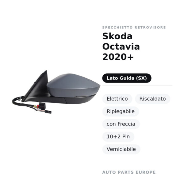 Specchietto Retrovisore Sinistro Skoda Octavia 2020+ – Elettrico, Riscaldato, Ripiegabile, con Freccia, 10+2 Pin
