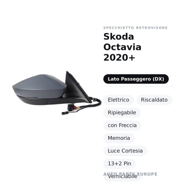 Specchietto Retrovisore Destro Skoda Octavia 2020+ – Elettrico, Riscaldato, Ripiegabile, con Freccia, Memoria, Luce