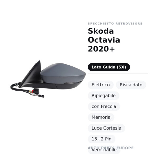 Außenspiegel Links Skoda Octavia 2020+ – Elektrisch, Beheizt, Klappbar, mit Blinklicht, Speicher, Courtesy Light, 15+2 Pin