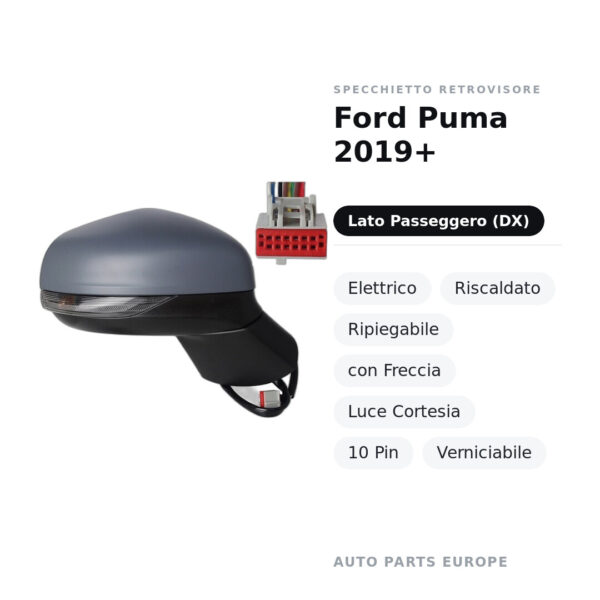 Specchietto Retrovisore Destro Ford Puma 2019+ – Elettrico, Riscaldato, Ripiegabile, con Freccia, Luce Cortesia, 10 Pin