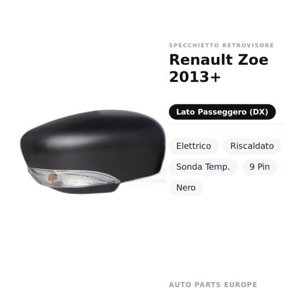 Specchietto Retrovisore Destro Renault Zoe 2013+ – Elettrico, Riscaldato, Sonda Temp., 9 Pin, Nero – foto 2
