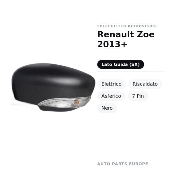 Specchietto Retrovisore Sinistro Renault Zoe 2013+ – Elettrico, Riscaldato, Asferico, 7 Pin, Nero – foto 2