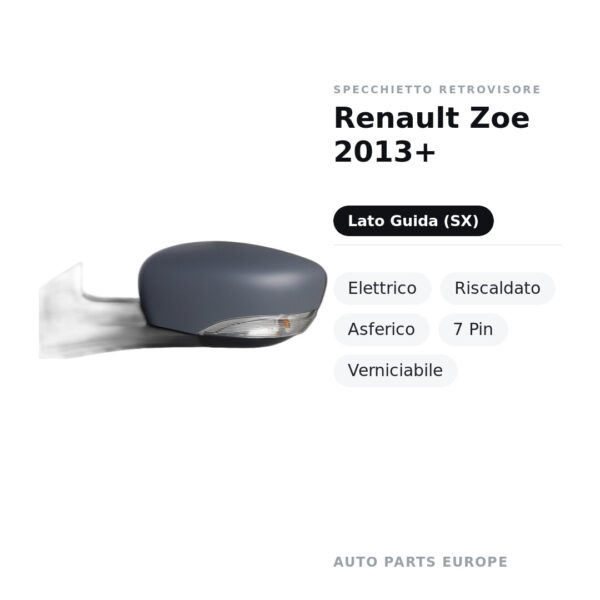 Specchietto Retrovisore Sinistro Renault Zoe 2013+ – Elettrico, Riscaldato, Asferico, 7 Pin, Verniciabile – foto 2