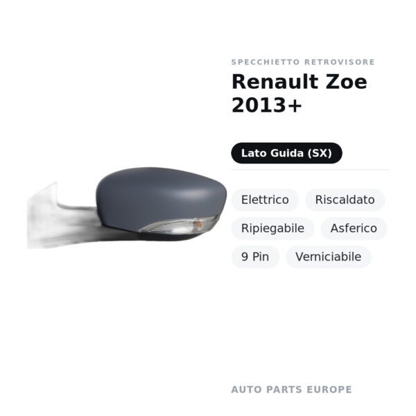 Specchietto Retrovisore Sinistro Renault Zoe 2013+ – Elettrico, Riscaldato, Ripiegabile, Asferico, 9 Pin, Verniciabile