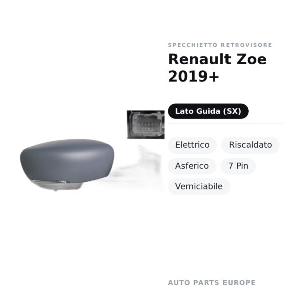 Specchietto Retrovisore Sinistro Renault Zoe 2019+ – Elettrico, Riscaldato, Asferico, 7 Pin, Verniciabile – foto 2
