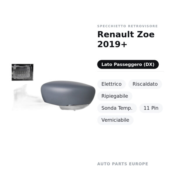 Außenspiegel Rechts Renault Zoe 2019+ – Elektrisch, Beheizt, Klappbar, Temperatursensor, 11-polig, Lackierbar – Bild 2