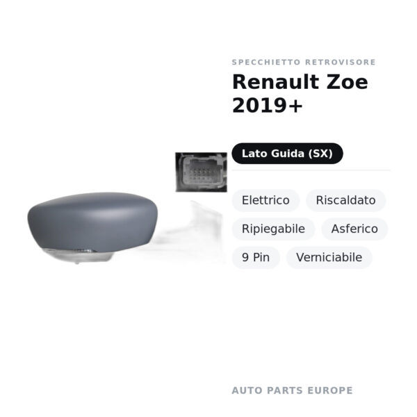 Außenspiegel Links Renault Zoe 2019+ – Elektrisch, Beheizt, Klappbar, Asphärisch, 9-polig, Lackierbar – Bild 2