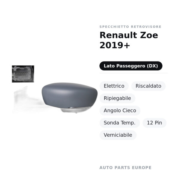 Außenspiegel Rechts Renault Zoe 2019+ – Elektrisch, Beheizt, Klappbar, Blind Spot, Temperatursensor, 12 polig, Lackierbar