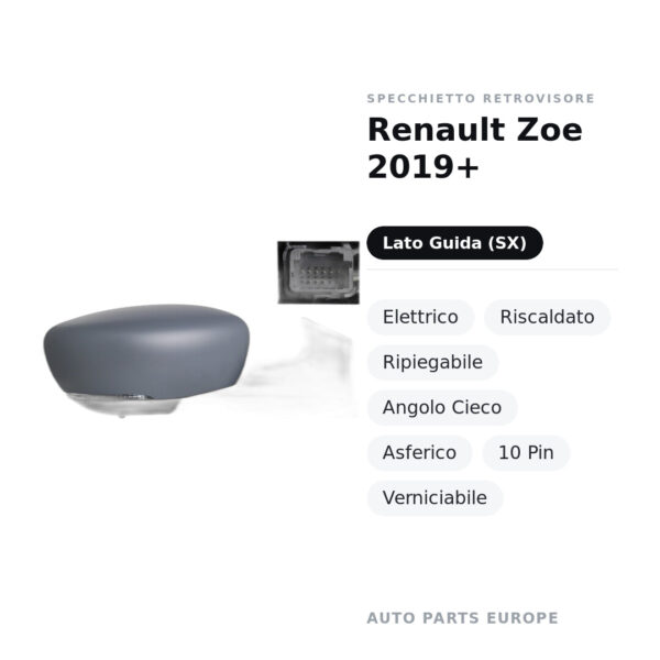 Außenspiegel Links Renault Zoe 2019+ – Elektrisch, Beheizt, Faltbar, Totwinkelwarner, Asphärisch, 10-polig, Lackierbar