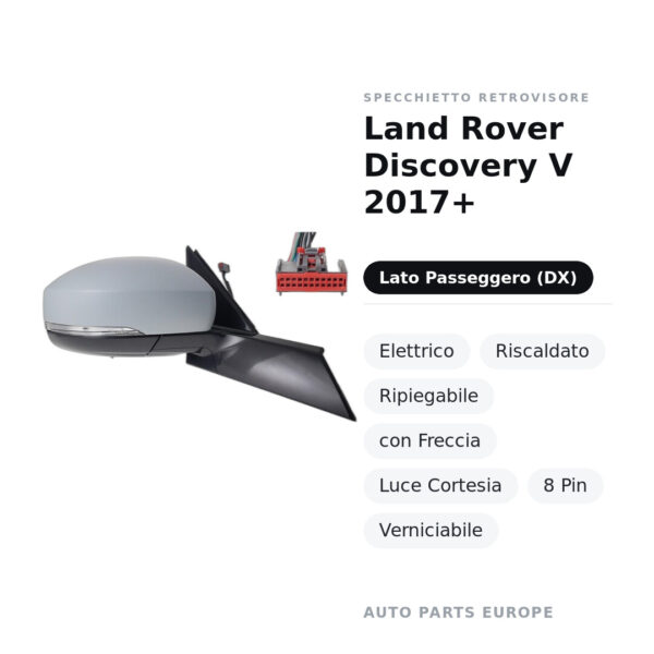 Specchietto Retrovisore Destro Land Rover Discovery V 2017+ – Elettrico, Riscaldato, Ripiegabile, con Freccia, Luce