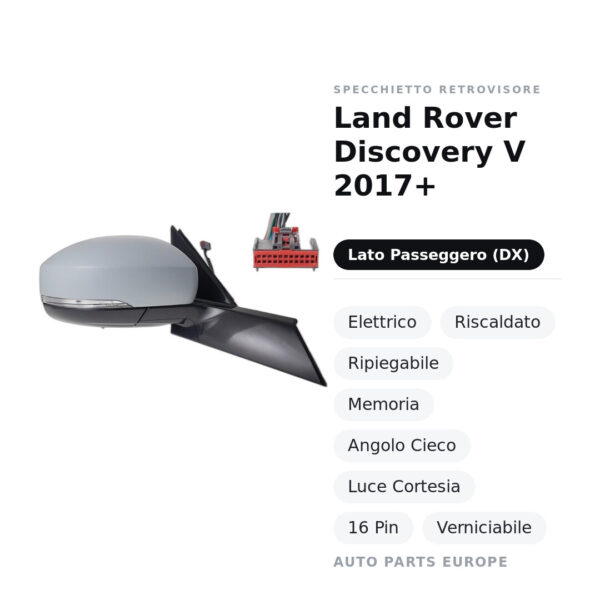 Außenspiegel Rechts Land Rover Discovery V 2017+ – Elektrisch, Beheizt, Klappbar, Memory, Toter-Winkel-Sensor, Courtesy
