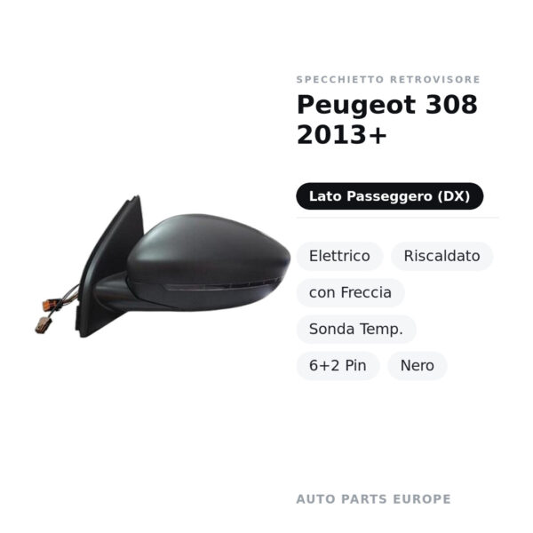 Specchietto Retrovisore Destro Peugeot 308 2013+ – Elettrico, Riscaldato, con Freccia, Sonda Temp., 6+2 Pin, Nero – foto 2