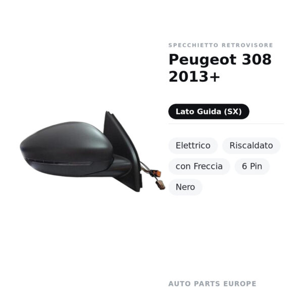 Außenspiegel Links Peugeot 308 2013+ – Elektrisch, Beheizt, mit Blinker, 6-polig, Schwarz – Bild 2