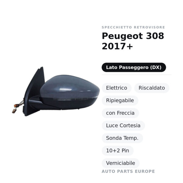 Außenspiegel Rechts Peugeot 308 2017+ – Elektrisch, Beheizt, Klappbar, mit Blinker, Innenleuchte, Temperatursensor, 10+2