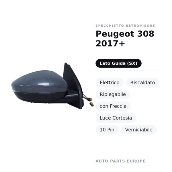 Specchietto Retrovisore Sinistro Peugeot 308 2017+ – Elettrico, Riscaldato, Ripiegabile, con Freccia, Luce Cortesia, 10 Pin