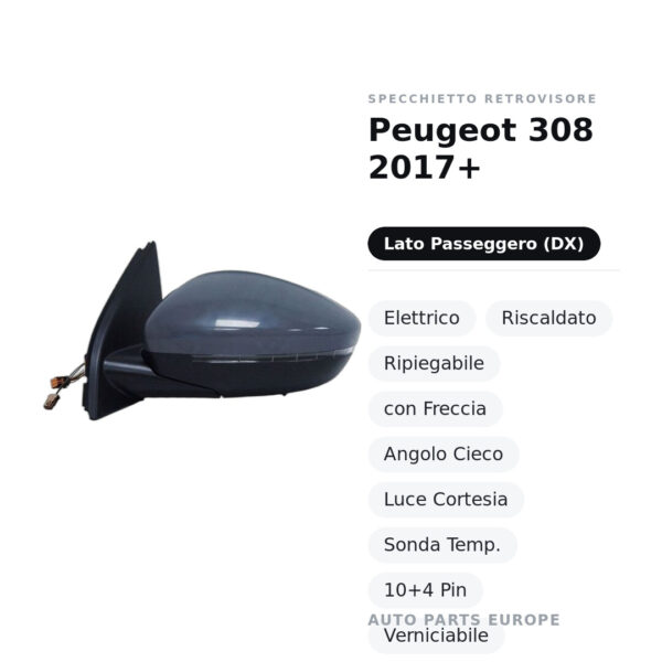 Außenspiegel Rechts Peugeot 308 2017+ – Elektrisch, Beheizt, Klappbar, mit Blinker, Toter-Winkel-Sensor, Innenleuchte