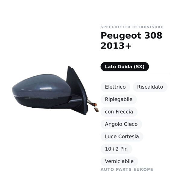 Außenspiegel Links Peugeot 308 2013+ – Elektrisch, Beheizt, Klappbar, mit Blinker, Blind-Spot-Sensor, Innenleuchte, 10+2