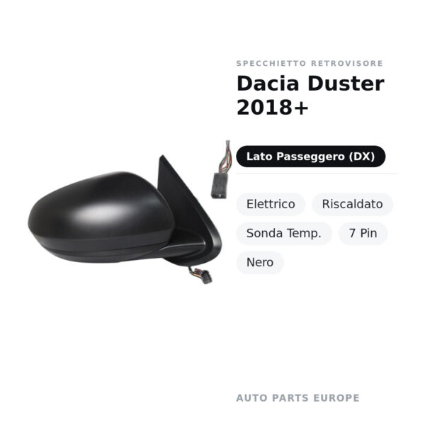 Außenspiegel Rechts Dacia Duster 2018+ – Elektrisch, Beheizt, Temperatursensor, 7-polig, Schwarz – Bild 2