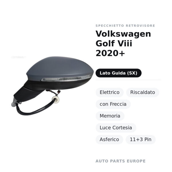 Außenspiegel Links Volkswagen Golf VIII 2020+ – Elektrisch, Beheizt, mit Blinker, Speicher, Innenleuchte, Asphärisch, 11+3