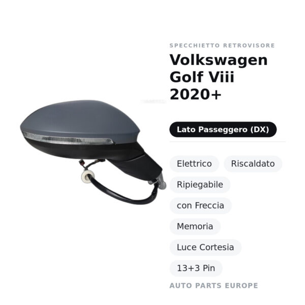 Specchietto Retrovisore Destro Volkswagen Golf Viii 2020+ – Elettrico, Riscaldato, Ripiegabile, con Freccia, Memoria, Luce