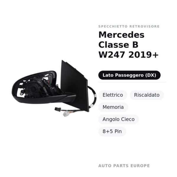 Außenspiegel Rechts Mercedes Klasse B W247 2019+ – Elektrisch, Beheizt, Memory, Blind Spot, 8+5 Pin – Bild 2