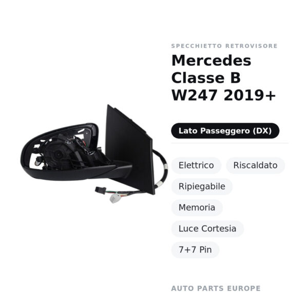 Specchietto Retrovisore Destro Mercedes Classe B W247 2019+ – Elettrico, Riscaldato, Ripiegabile, Memoria, Luce Cortesia