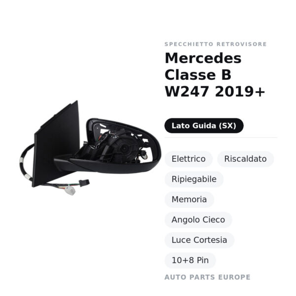Außenspiegel Links Mercedes Klasse B W247 2019+ – Elektrisch, Beheizt, Klappbar, Memory, Toter-Winkel-Sensor, Courtesy