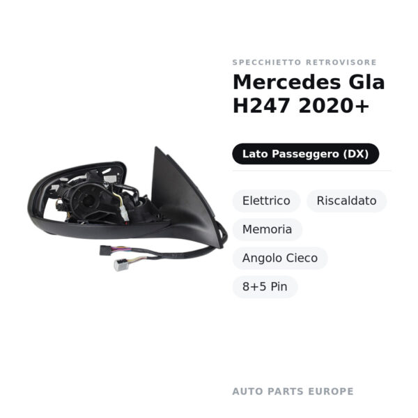 Außenspiegel Rechts Mercedes Gla H247 2020+ – Elektrisch, Beheizt, Speicher, Toter Winkel, 8+5 Pin – Bild 2