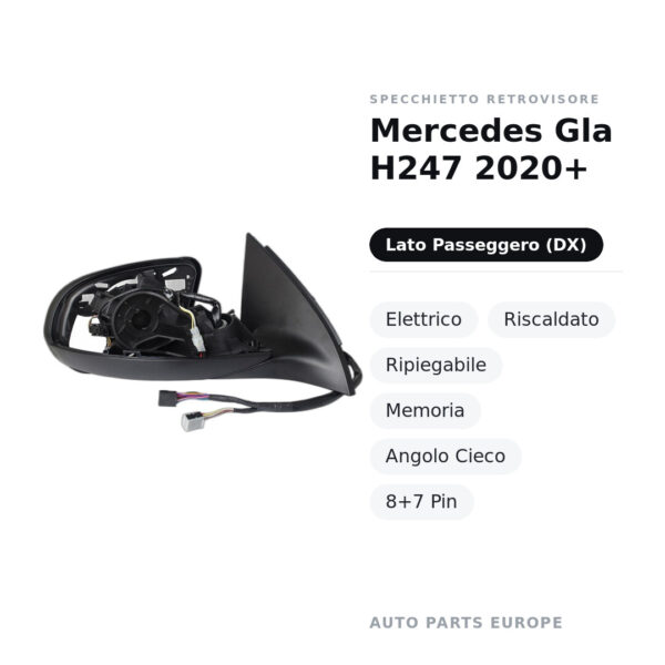 Außenspiegel Rechts Mercedes Gla H247 2020+ – Elektrisch, Beheizt, Klappbar, Memory, Toter Winkel, 8+7 Pin – Bild 2