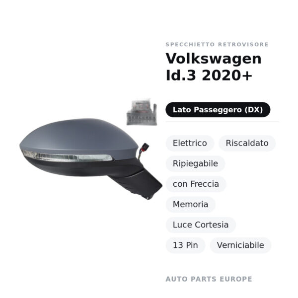 Außenspiegel Rechts Volkswagen Id.3 2020+ – Elektrisch, Beheizt, Klappbar, mit Blinker, Memory-Funktion, Innenleuchte