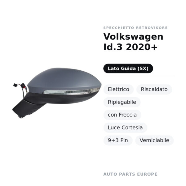 Specchietto Retrovisore Sinistro Volkswagen Id.3 2020+ – Elettrico, Riscaldato, Ripiegabile, con Freccia, Luce Cortesia, 9+3