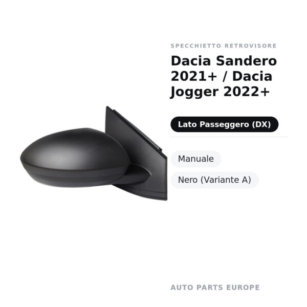 Außenspiegel Rechts Dacia Sandero 2021+ / Dacia Jogger 2022+ – Manuell, Schwarz (Variante A) – Bild 2