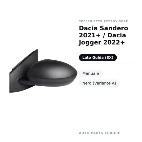 Specchietto Retrovisore Sinistro Dacia Sandero 2021+ / Dacia Jogger 2022+ – Manuale, Nero (Variante A) – foto 3