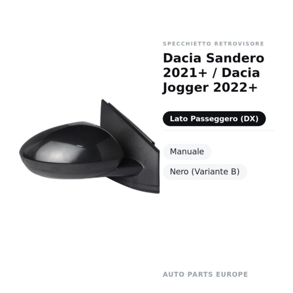 Außenspiegel Rechts Dacia Sandero 2021+ / Dacia Jogger 2022+ – Manuell, Schwarz (Variante B) – Bild 2