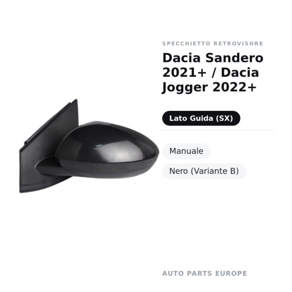 Specchietto Retrovisore Sinistro Dacia Sandero 2021+ / Dacia Jogger 2022+ – Manuale, Nero (Variante B) – foto 2