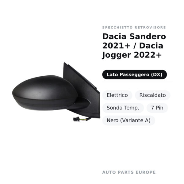 Außenspiegel Rechts Dacia Sandero 2021+ / Dacia Jogger 2022+ – Elektrisch, Beheizt, Temperatursensor, 7-polig, Schwarz
