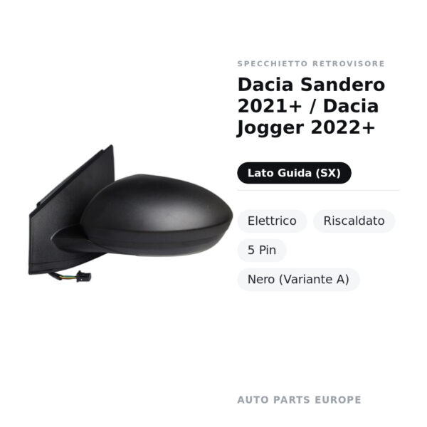 Specchietto Retrovisore Sinistro Dacia Sandero 2021+ / Dacia Jogger 2022+ – Elettrico, Riscaldato, 5 Pin, Nero (Variante A)