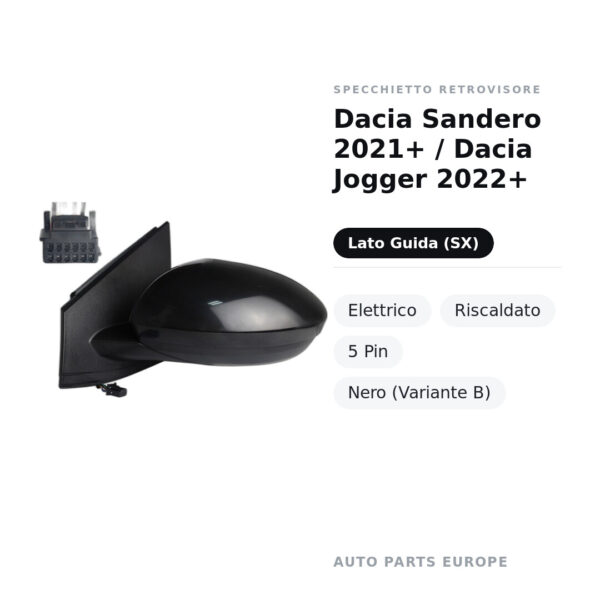 Außenspiegel Links Dacia Sandero 2021+ / Dacia Jogger 2022+ – Elektrisch, Beheizt, 5-polig, Schwarz (Variante B) – Bild 2
