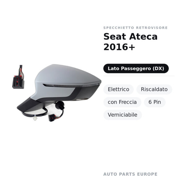 Specchietto Retrovisore Destro Seat Ateca 2016+ – Elettrico, Riscaldato, con Freccia, 6 Pin, Verniciabile – foto 2
