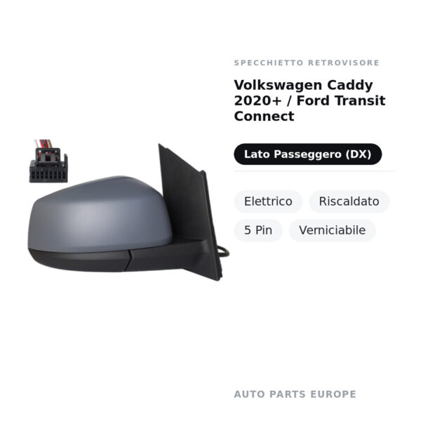 Specchietto Retrovisore Destro Volkswagen Caddy 2020+ / Ford Transit Connect – Elettrico, Riscaldato, 5 Pin, Verniciabile