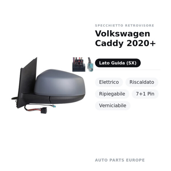 Specchietto Retrovisore Sinistro Volkswagen Caddy 2020+ – Elettrico, Riscaldato, Ripiegabile, 7+1 Pin, Verniciabile – foto 2